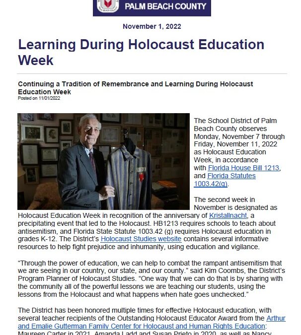 Learning During Holocaust Education Week: The School District of Palm Beach County